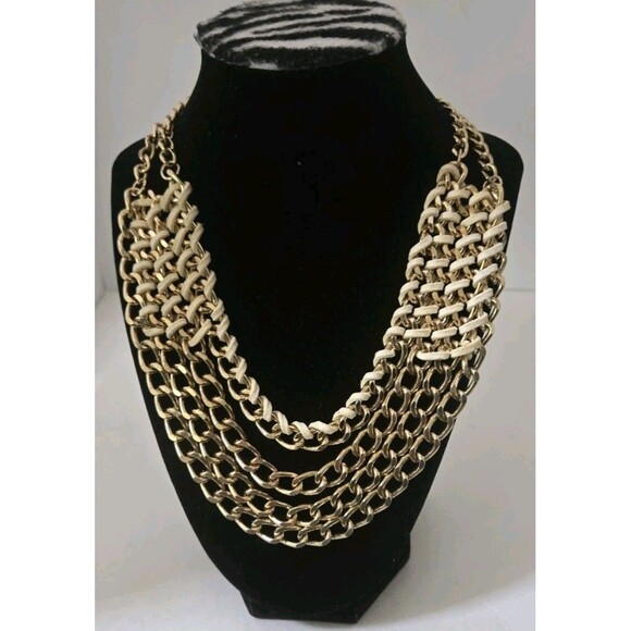 Mika Gold-tone & Leather Multi-layered Gold-tone Chain Statement Necklace 18-21" - Picture 2 of 8